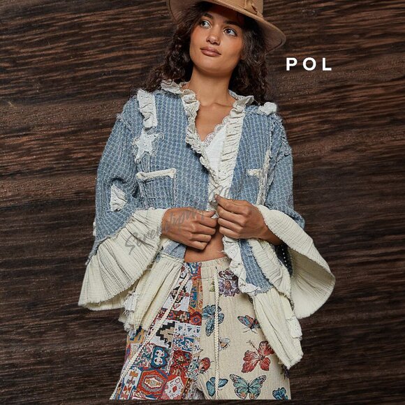 POL New Fall 2025 Release Ruffles Denim Stars & Moon Patches Denim Jean Jacket - Picture 3 of 13
